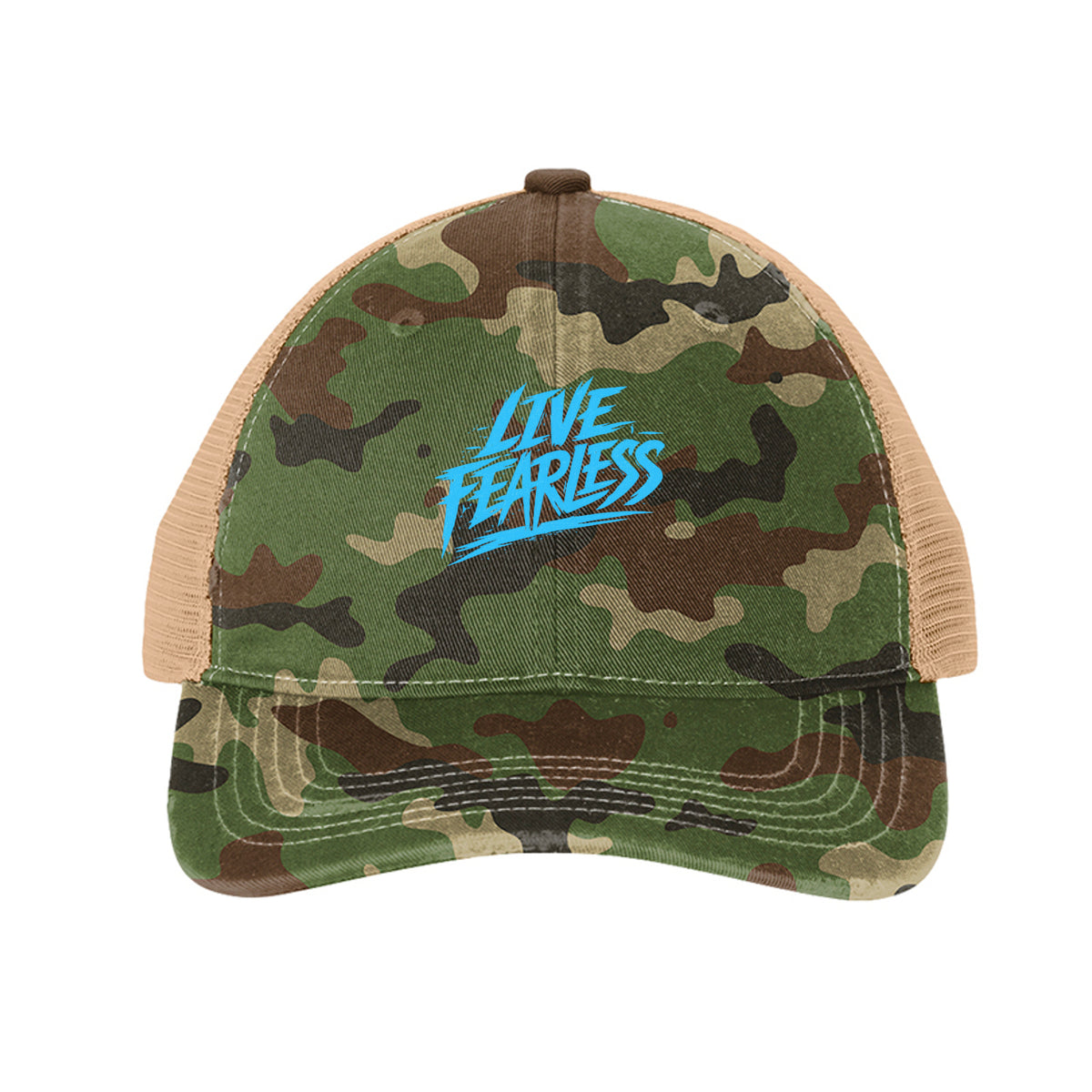 Live Fearless Blue Trucker Hat - Military Camo/ Khaki | Ironsight Syndicate