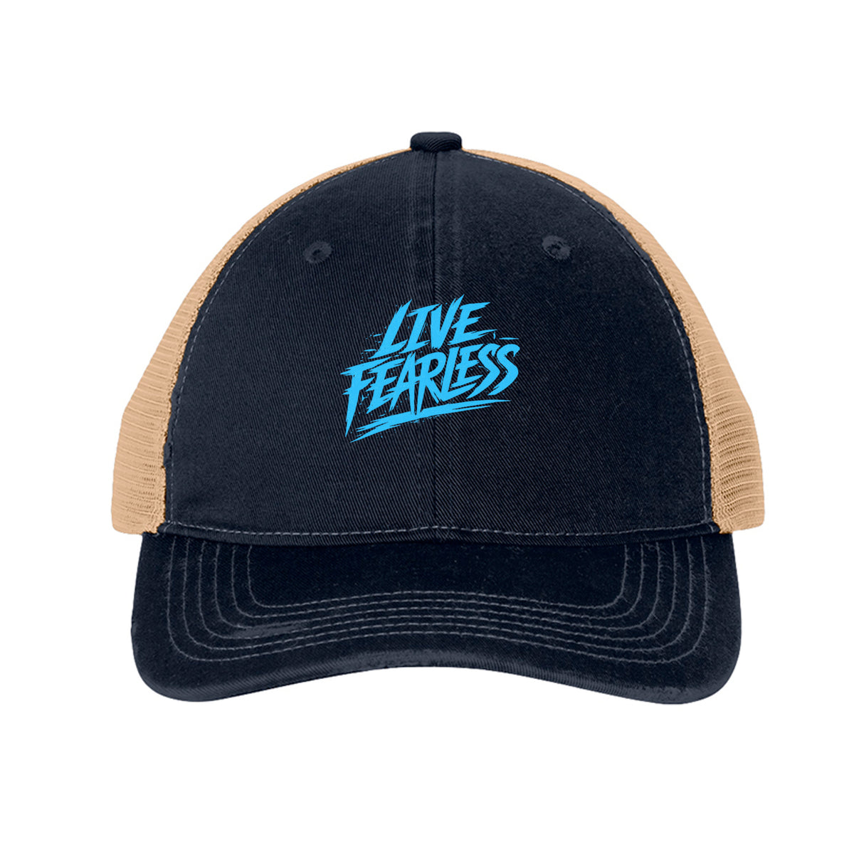 Live Fearless Blue Trucker Hat - River Blue Navy/ Khaki | Ironsight Syndicate