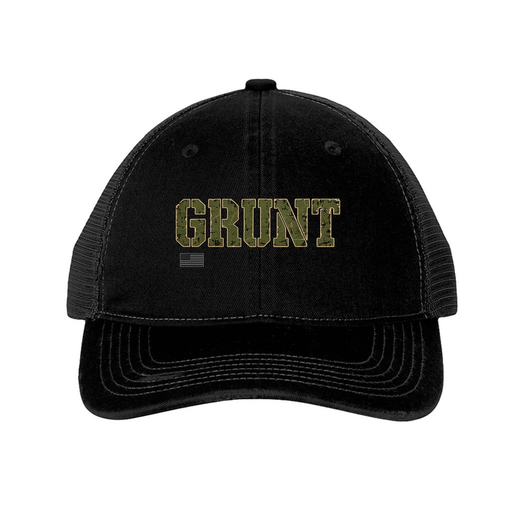 GRUNT Trucker Hat Green Lettering - Black/ Black | Ironsight Syndicate