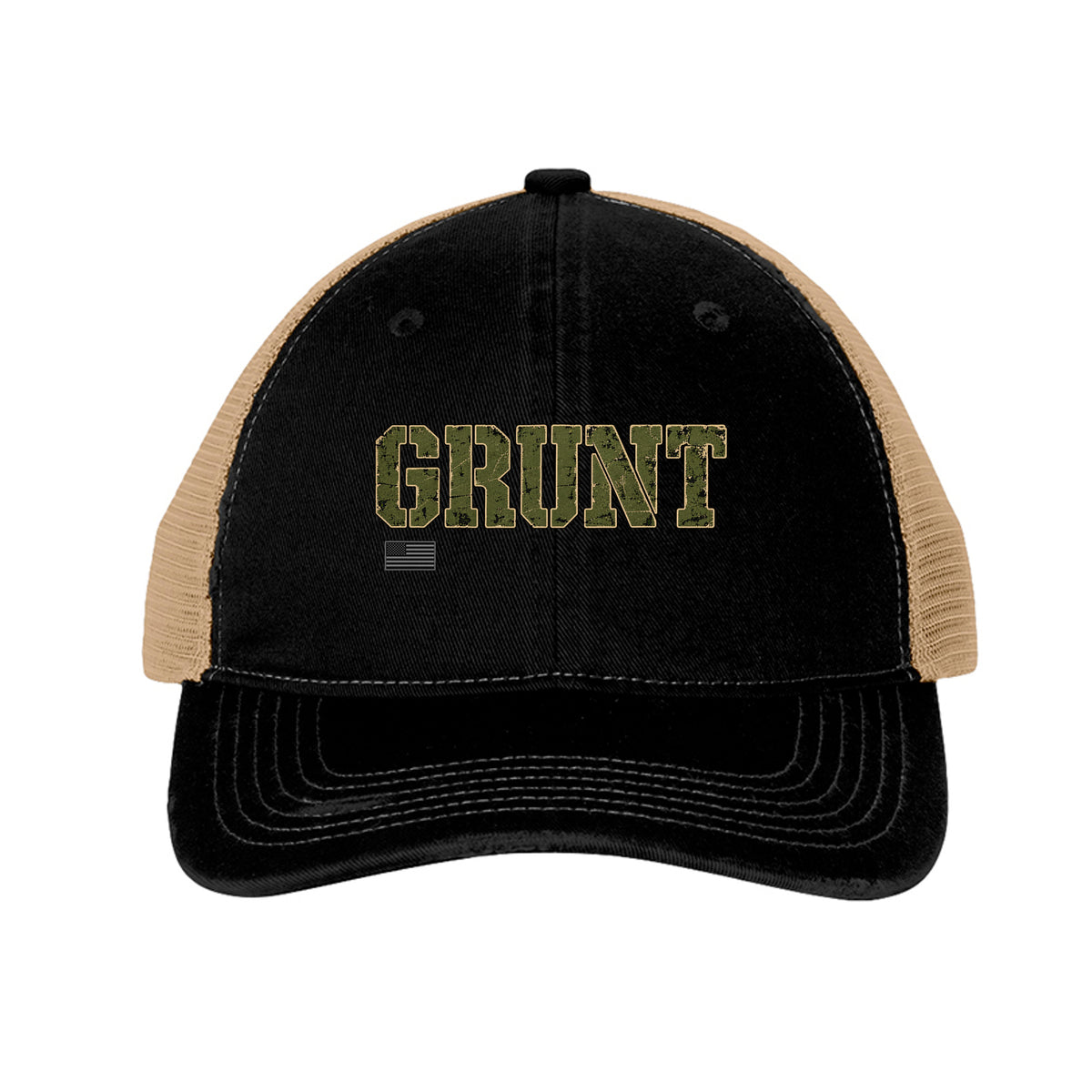GRUNT Trucker Hat Green Lettering - Black/ Khaki | Ironsight Syndicate