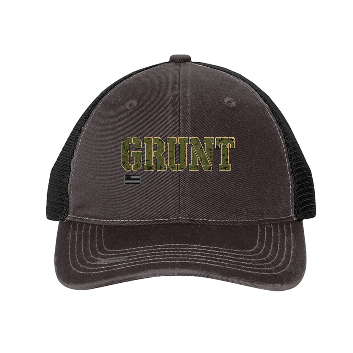 GRUNT Trucker Hat Green Lettering - Grey Steel/ Black | Ironsight Syndicate