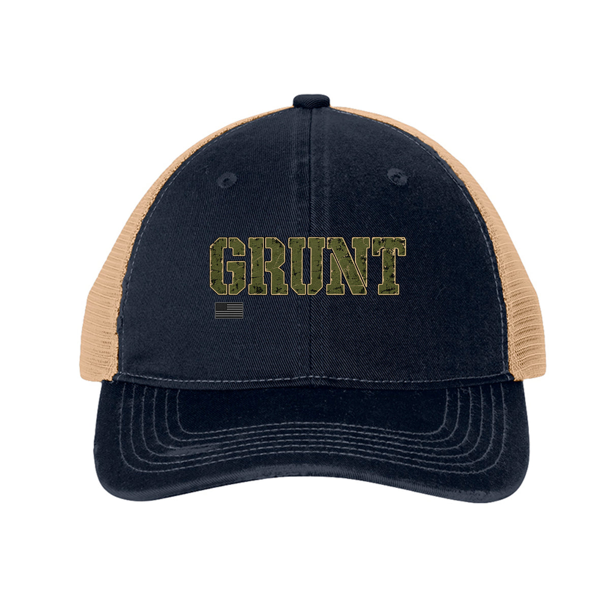 GRUNT Trucker Hat Green Lettering - River Blue Navy/ Khaki | Ironsight Syndicate