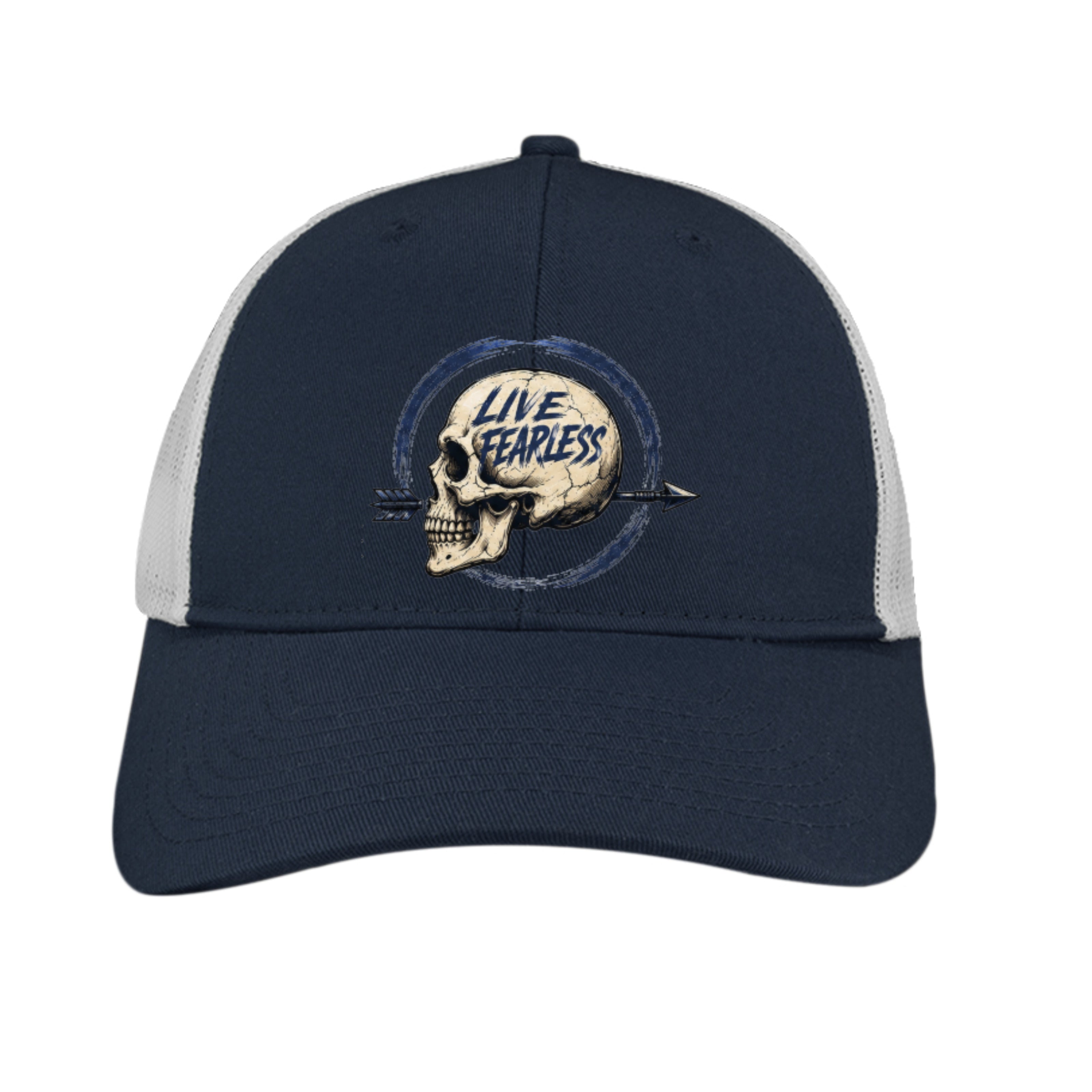 Live Fearless (Light Blue) Skull Snapback Cap - Dress Blue Navy Heather / Silver Mist | Ironsight Syndicate