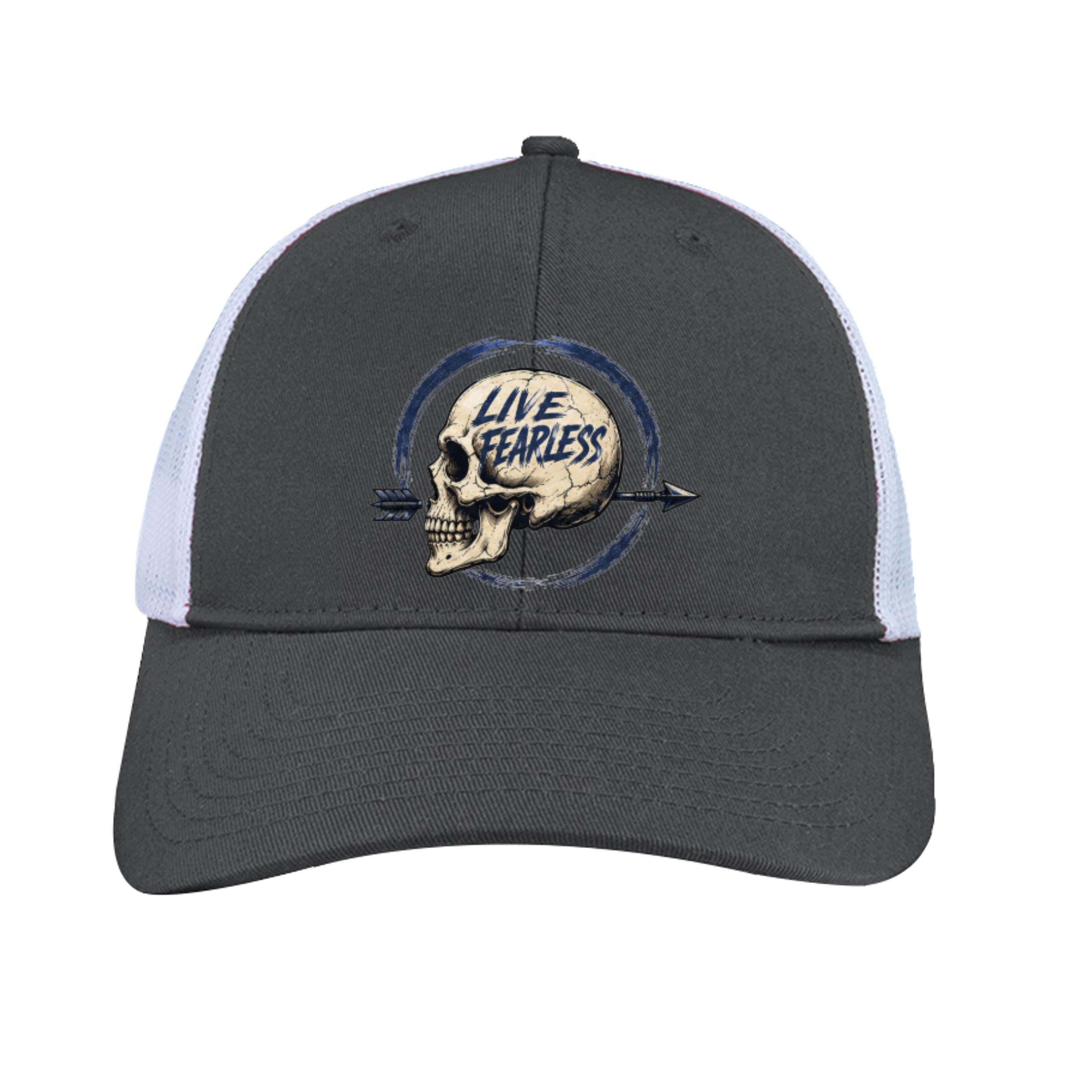 Live Fearless (Light Blue) Skull Snapback Cap - Grey Steel / White | Ironsight Syndicate