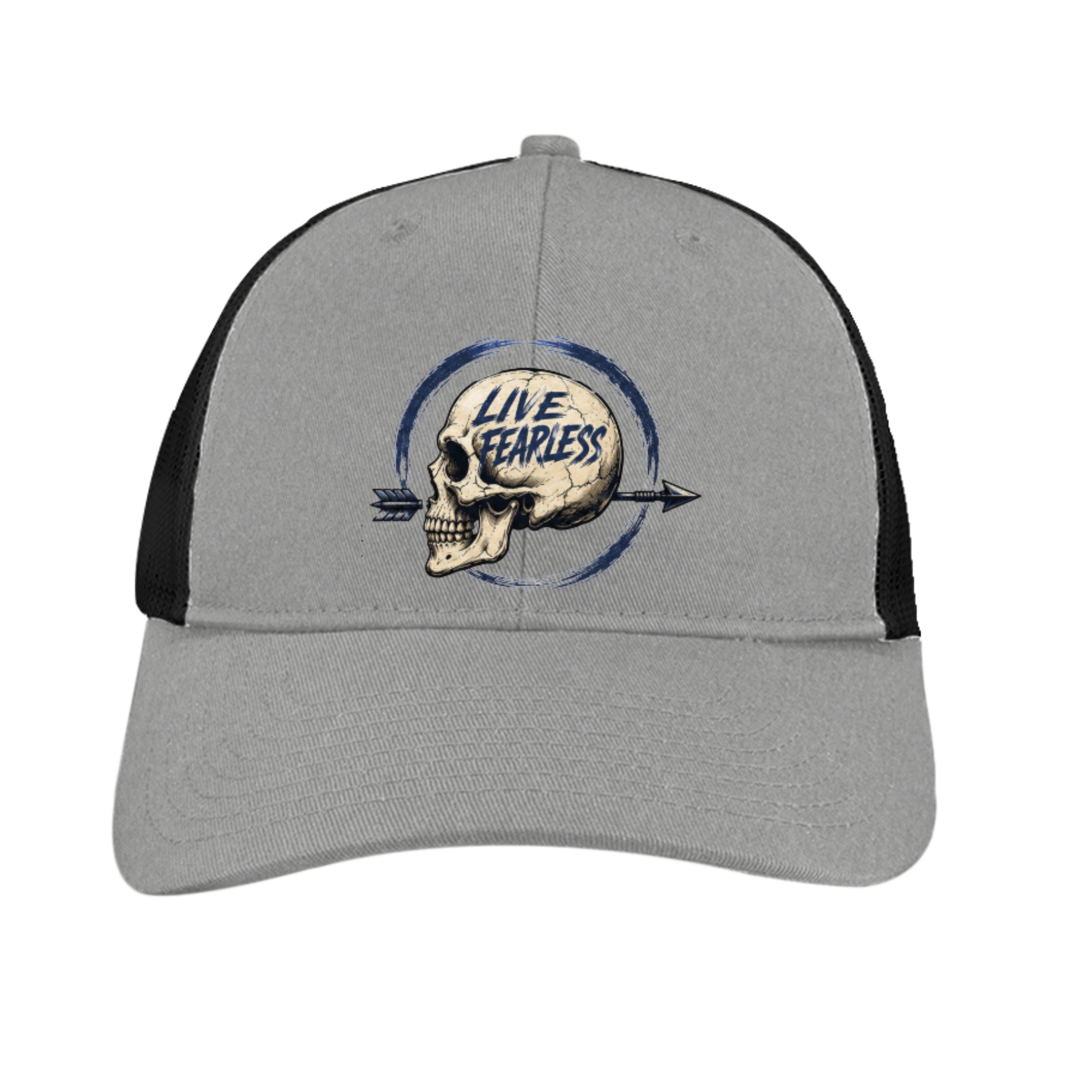 Live Fearless (Light Blue) Skull Snapback Cap - Heather Grey / Black | Ironsight Syndicate