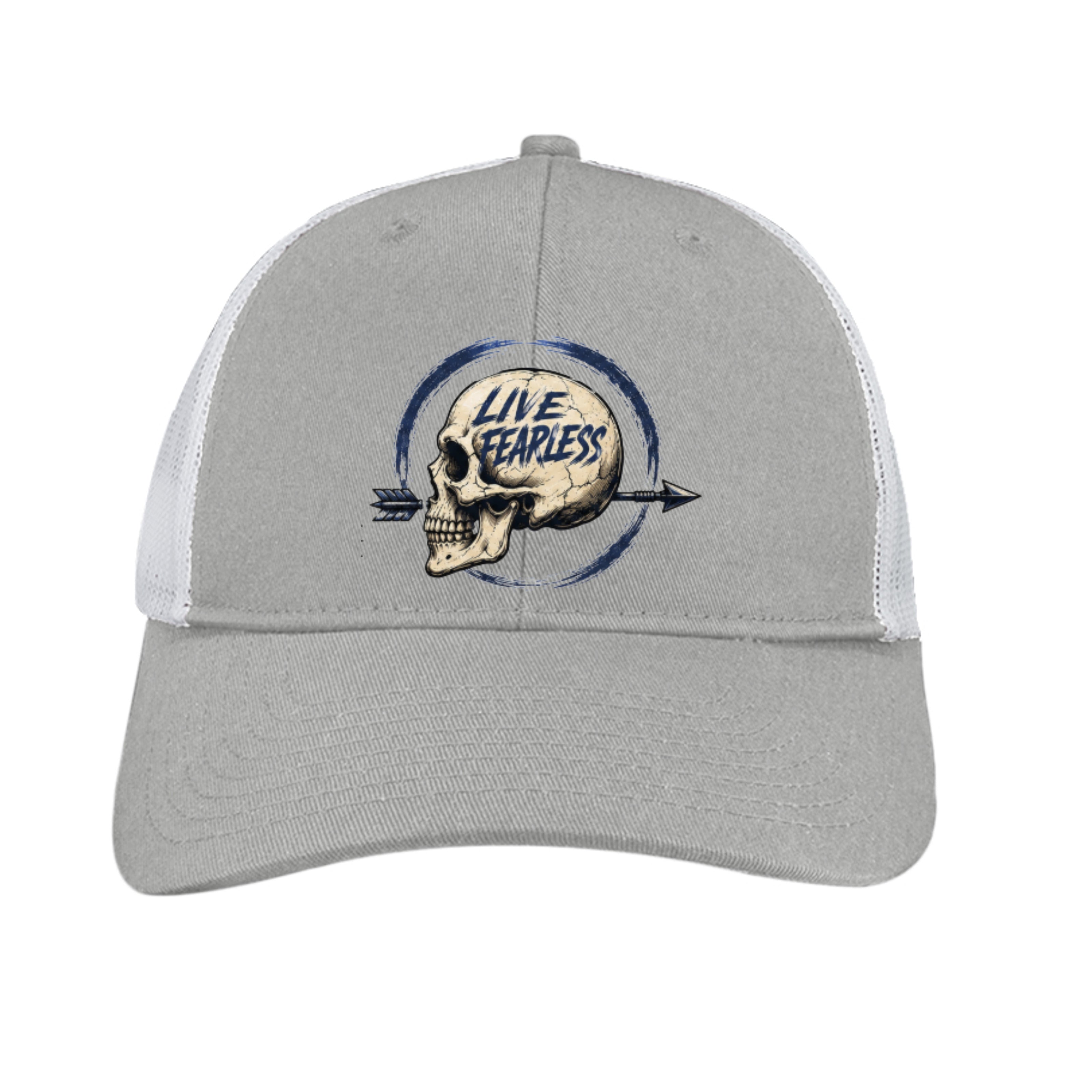 Live Fearless (Light Blue) Skull Snapback Cap - Heather Grey / White | Ironsight Syndicate