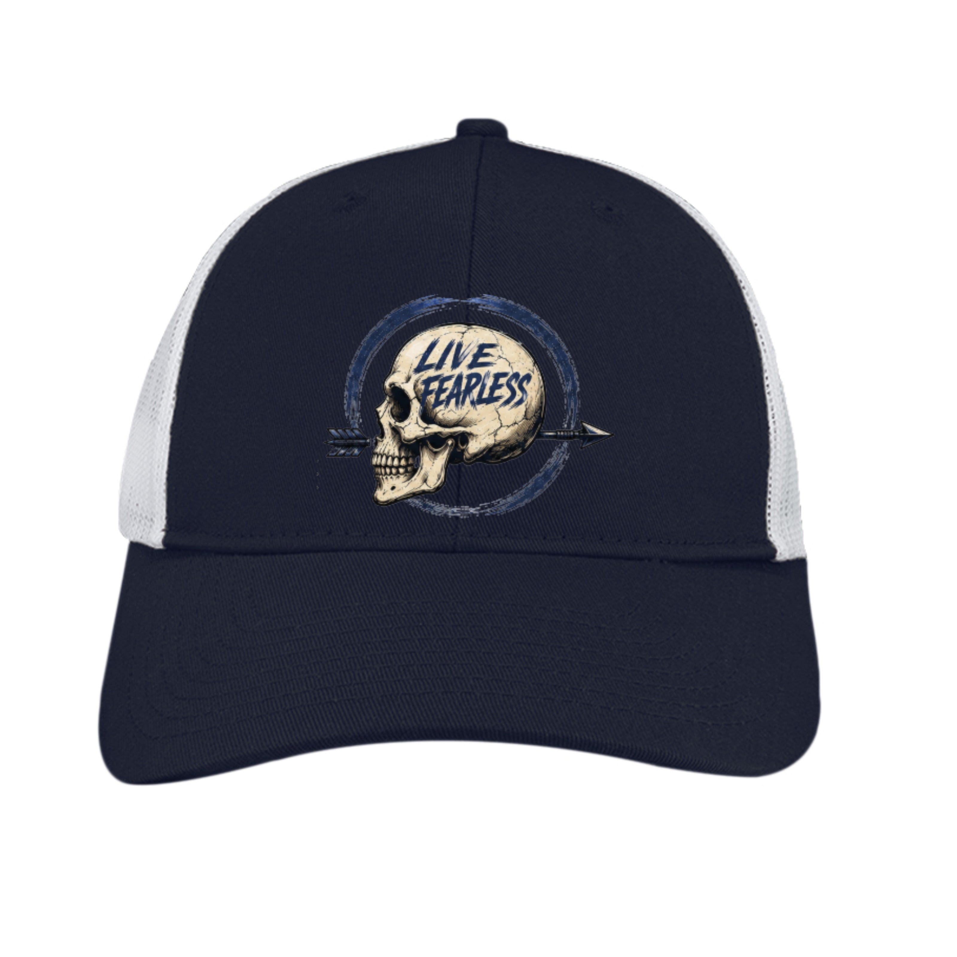 Live Fearless (Light Blue) Skull Snapback Cap - Rich Navy / White | Ironsight Syndicate