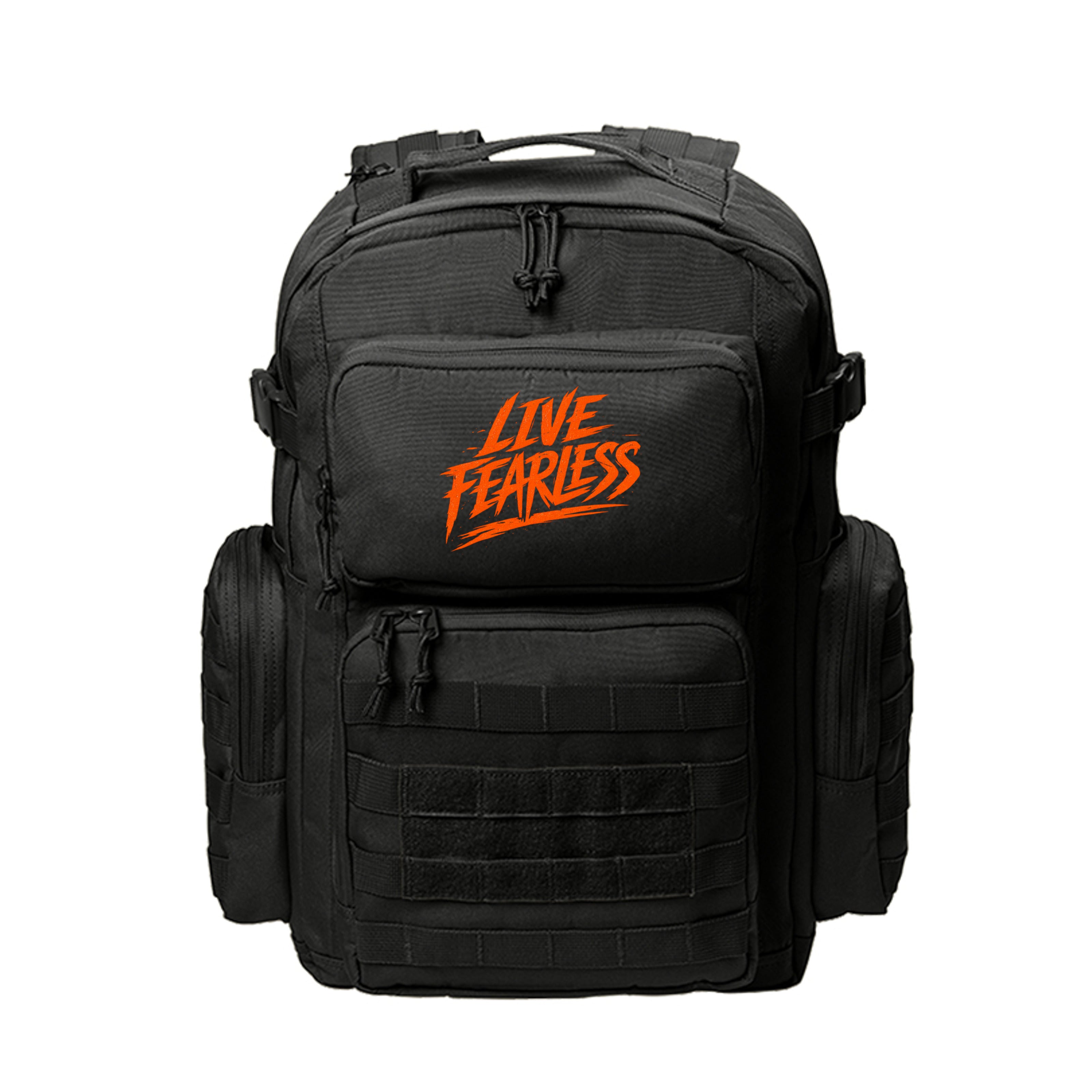 Live Fearless (Orange Text) Assault Pack - Black | Ironsight Syndicate