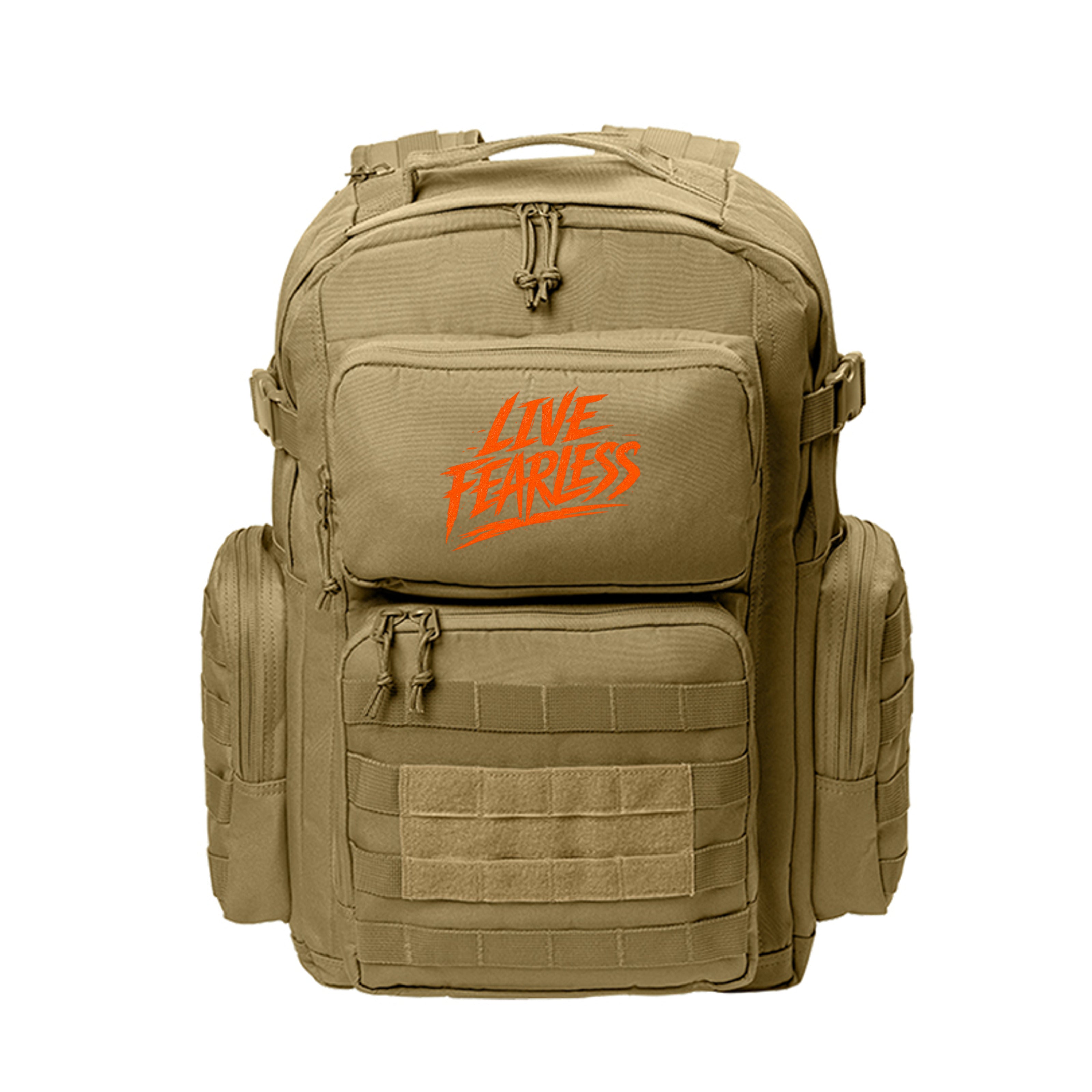 Live Fearless (Orange Text) Assault Pack - Coyote Brown | Ironsight Syndicate