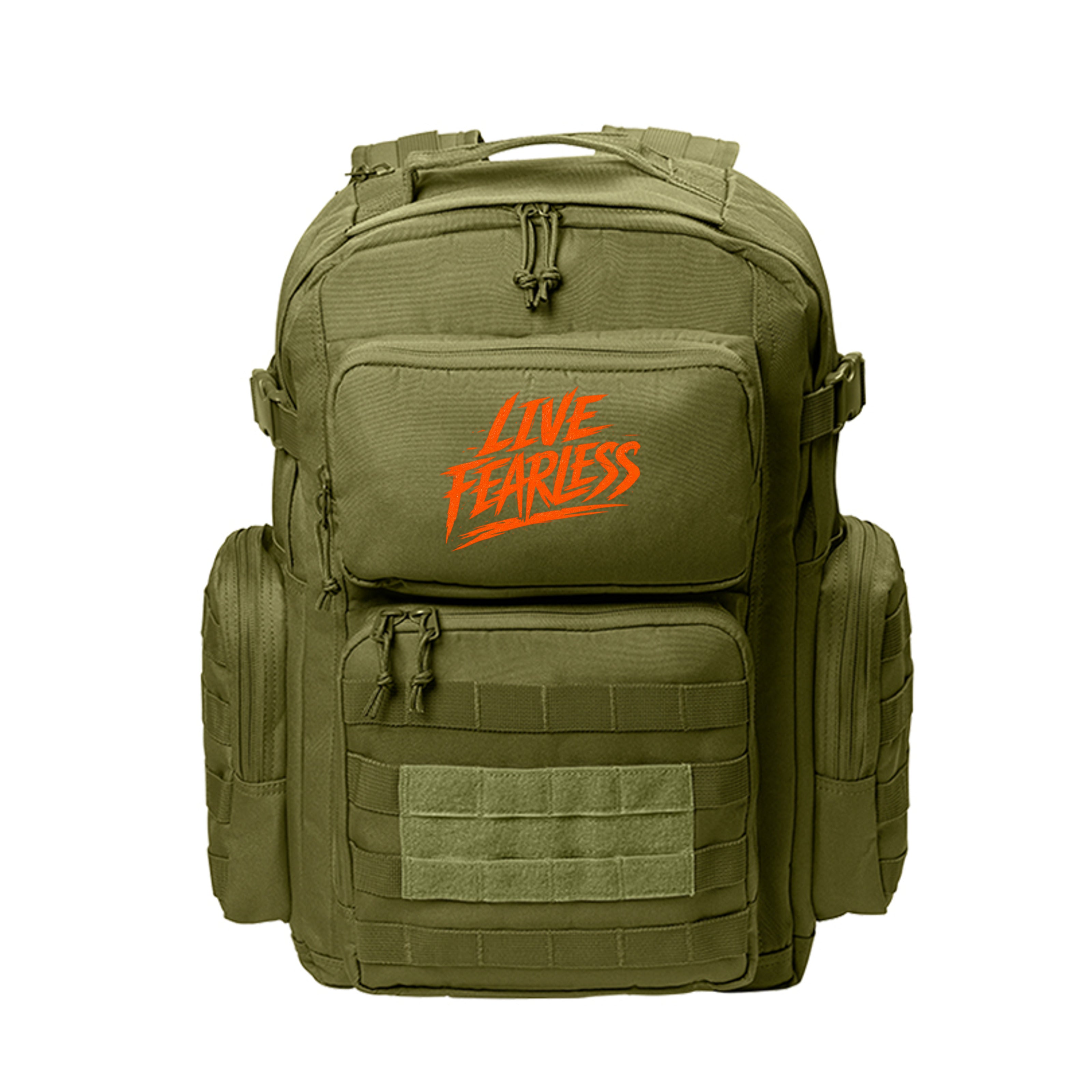 Live Fearless (Orange Text) Assault Pack - Olive Drab Green | Ironsight Syndicate