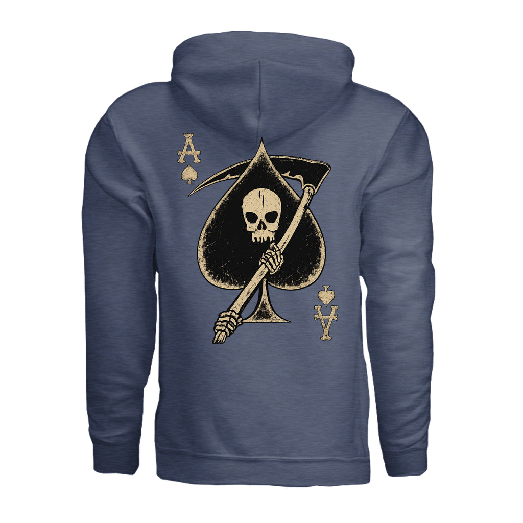 Death Card Ace of Spades Hoodie - Heather Sport Dark Navy (Back) | Ironsight Syndicate