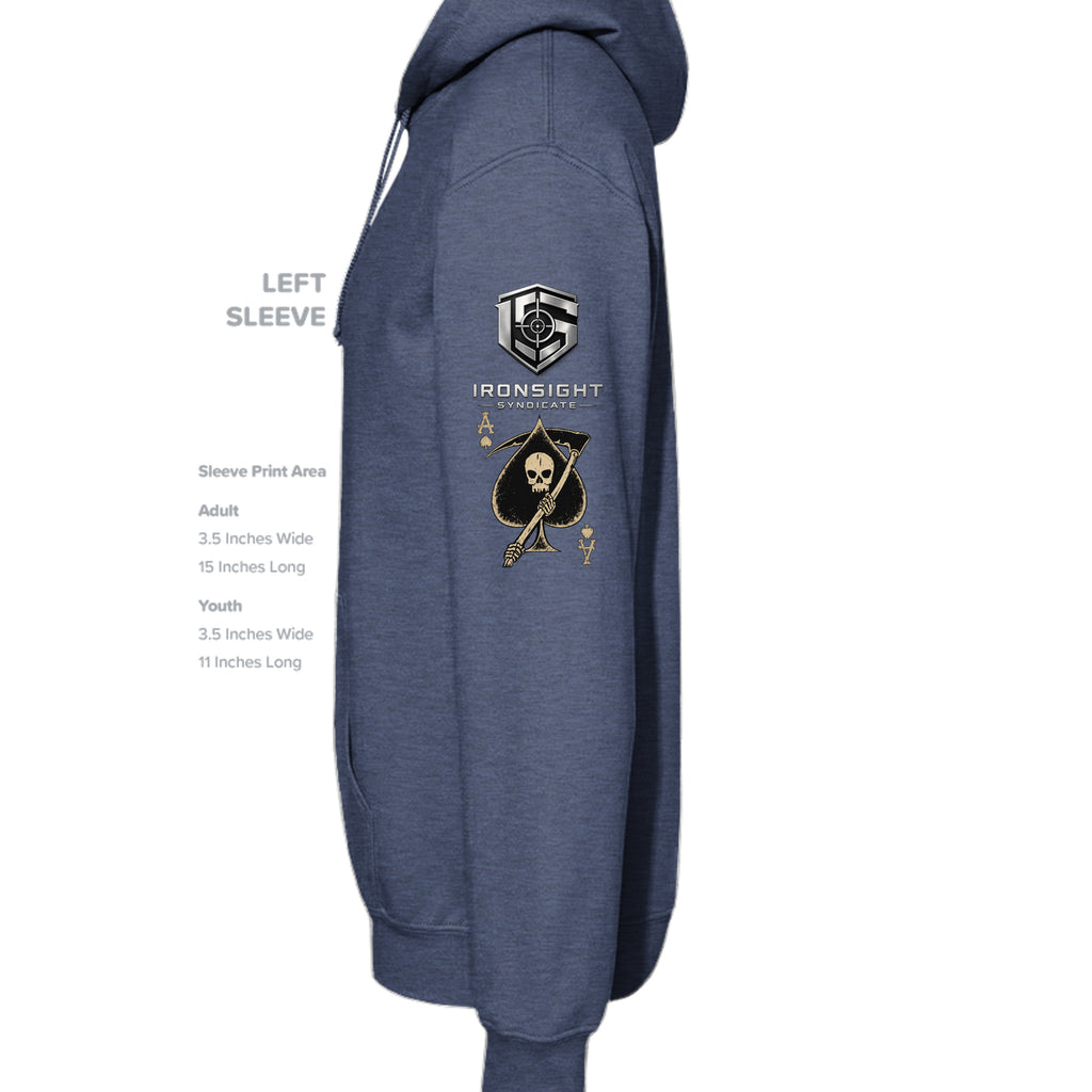 Death Card Ace of Spades Hoodie - Heather Sport Dark Navy (Left Sleeve) | Ironsight Syndicate