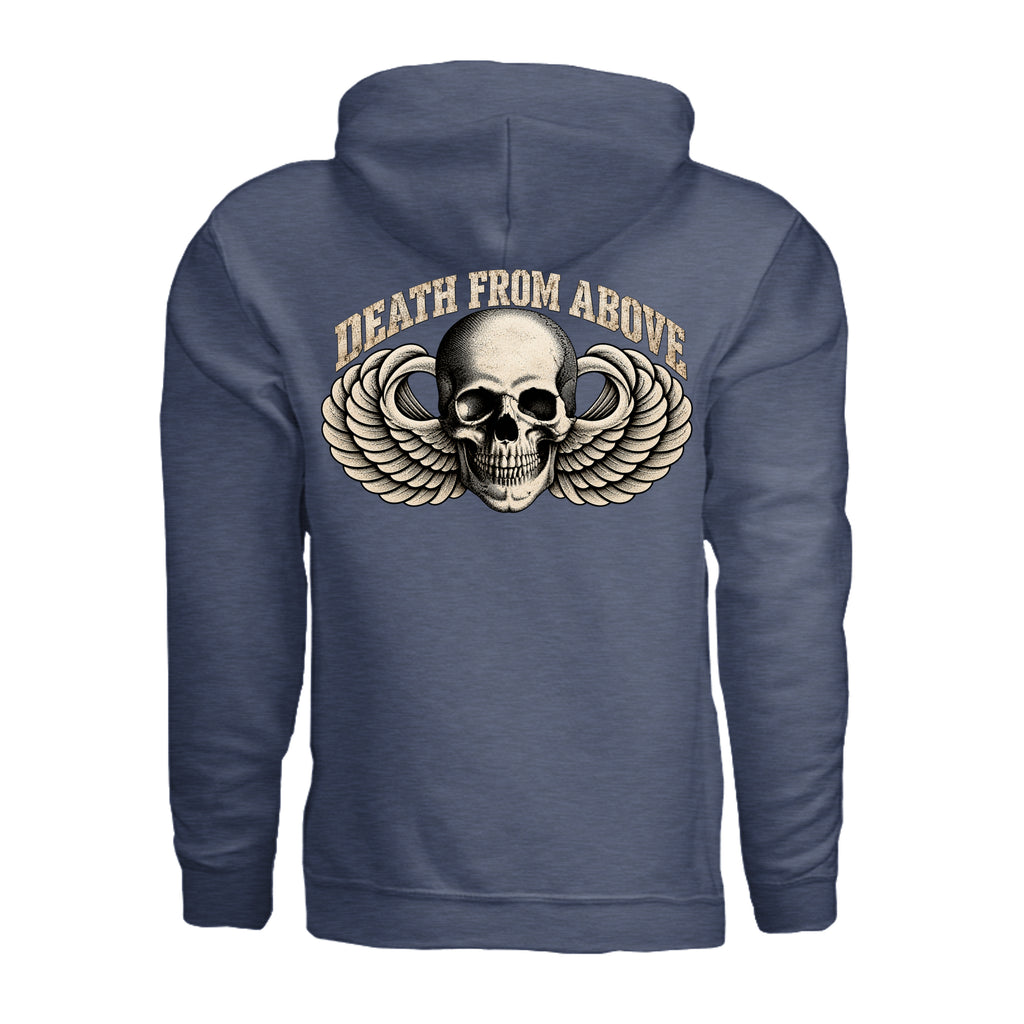 Airborne Death From Above Hoodie - Heather Sport Dark Navy (Back) | Ironsight Syndicate