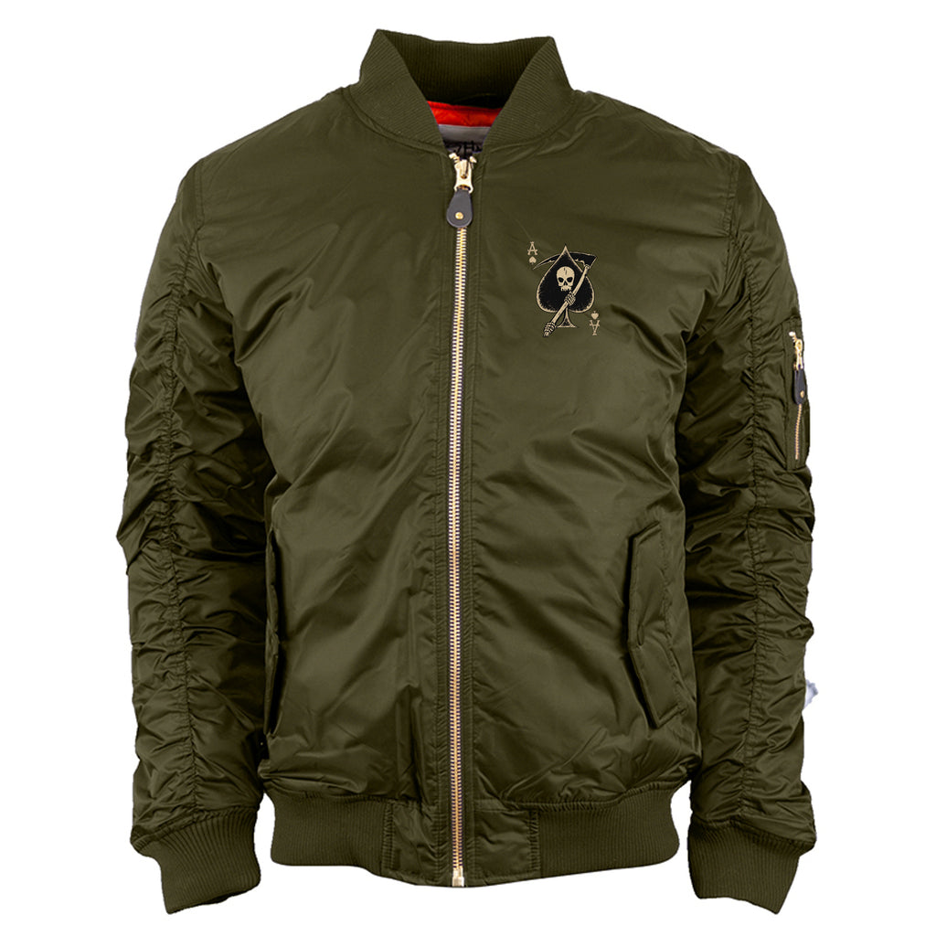 Death Card Bomber Jacket in Olive - Front