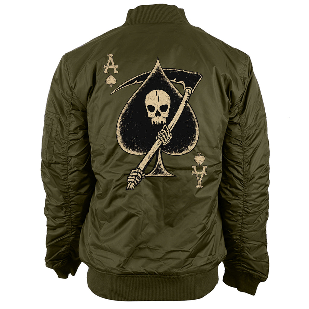 Death Card Bomber Jacket in Olive - Back