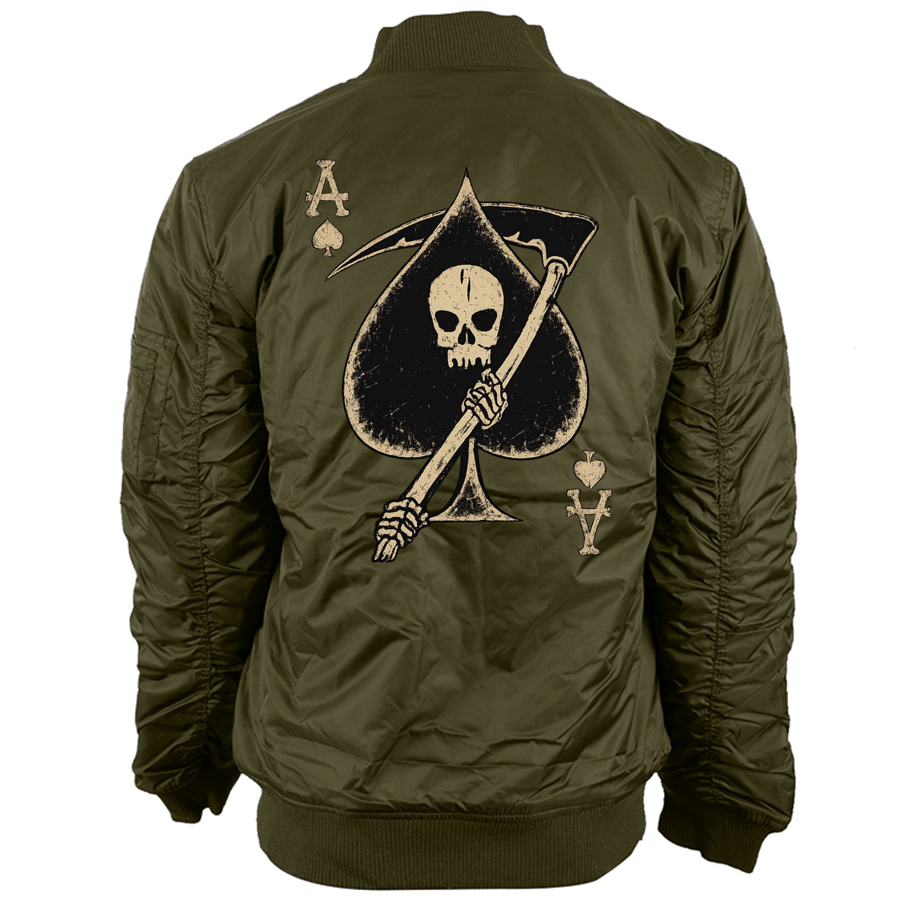 Death Card Bomber Jacket in Olive - Back