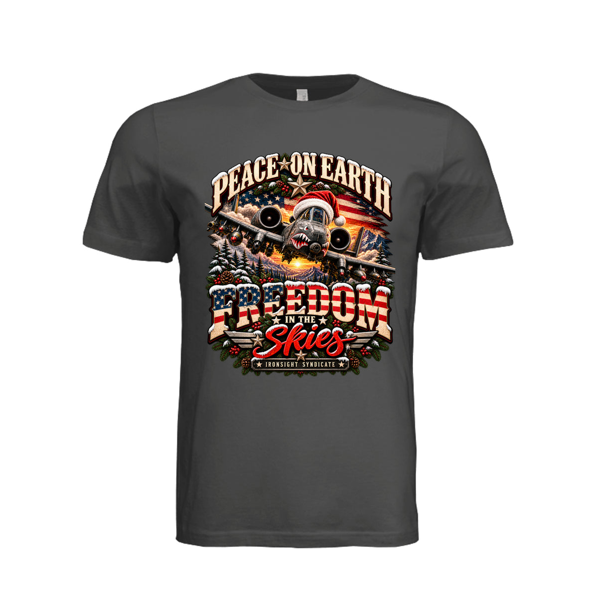 Freedom in the Skies A-10 Christmas T-Shirt - Dark Grey | Ironsight Syndicate