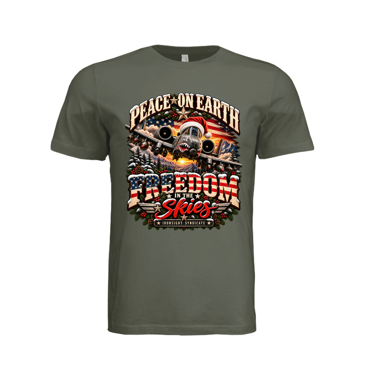 Freedom in the Skies A-10 Christmas T-Shirt - Dark Olive | Ironsight Syndicate
