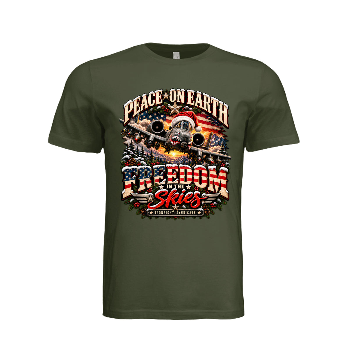 Freedom in the Skies A-10 Christmas T-Shirt - Military Green | Ironsight Syndicate