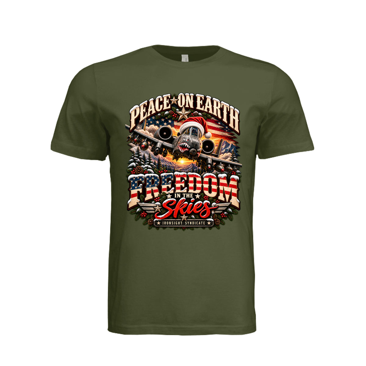 Freedom in the Skies A-10 Christmas T-Shirt - Olive | Ironsight Syndicate