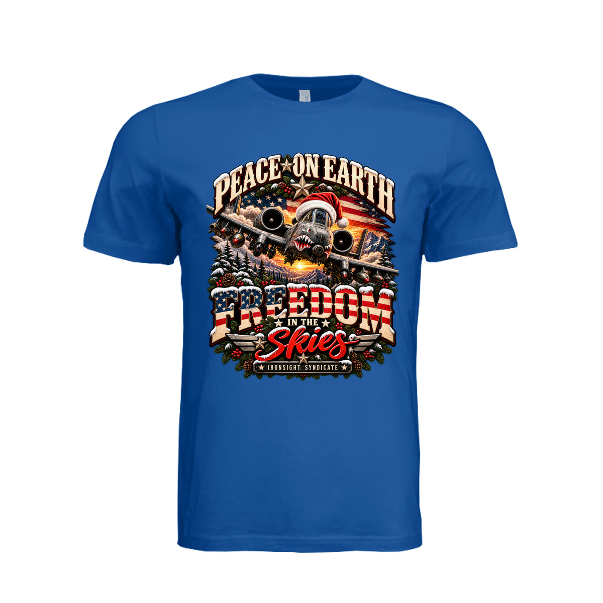 Freedom in the Skies A-10 Christmas T-Shirt - True Royal | Ironsight Syndicate