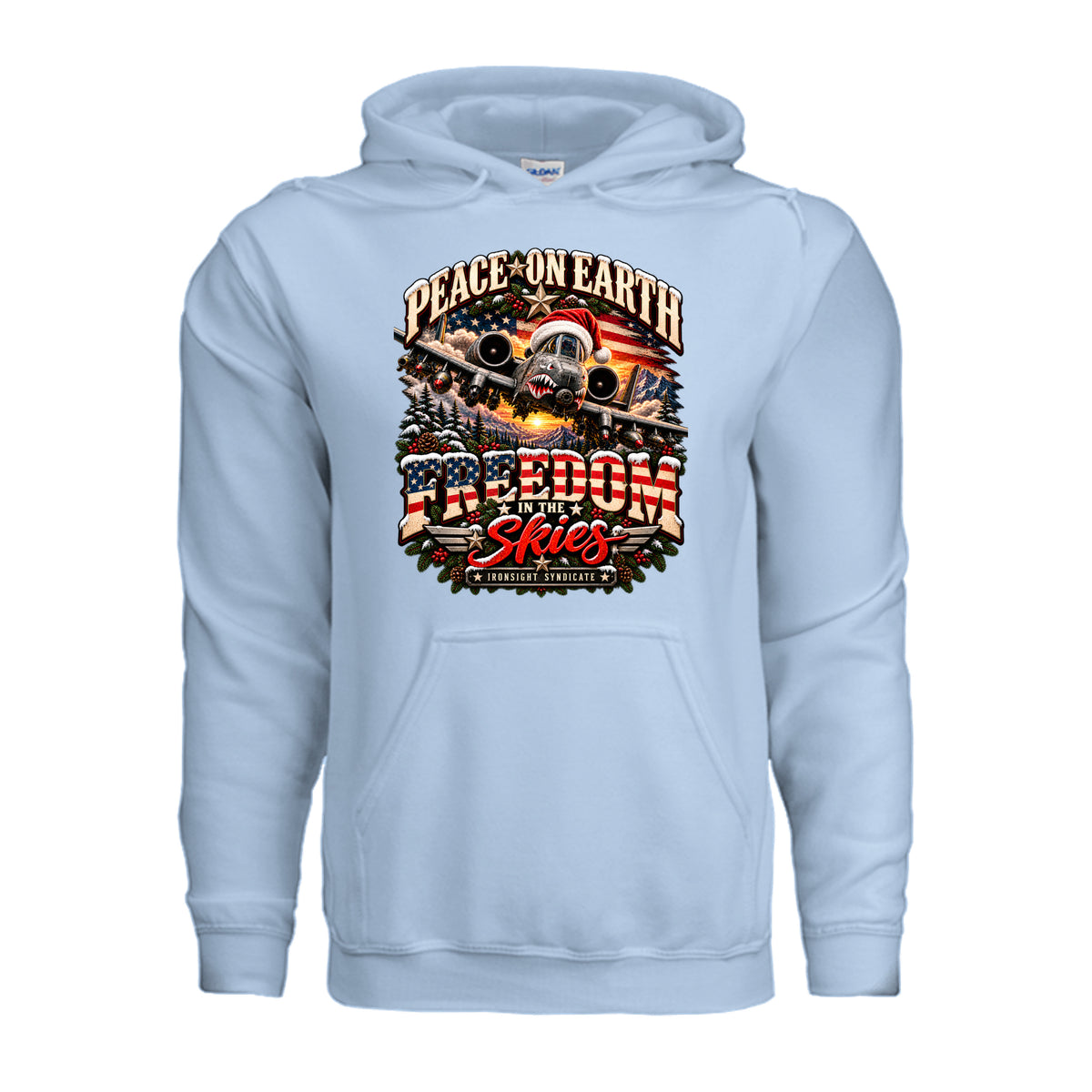 Freedom in the Skies A-10 Christmas Hoodie - Light Blue | Ironsight Syndicate