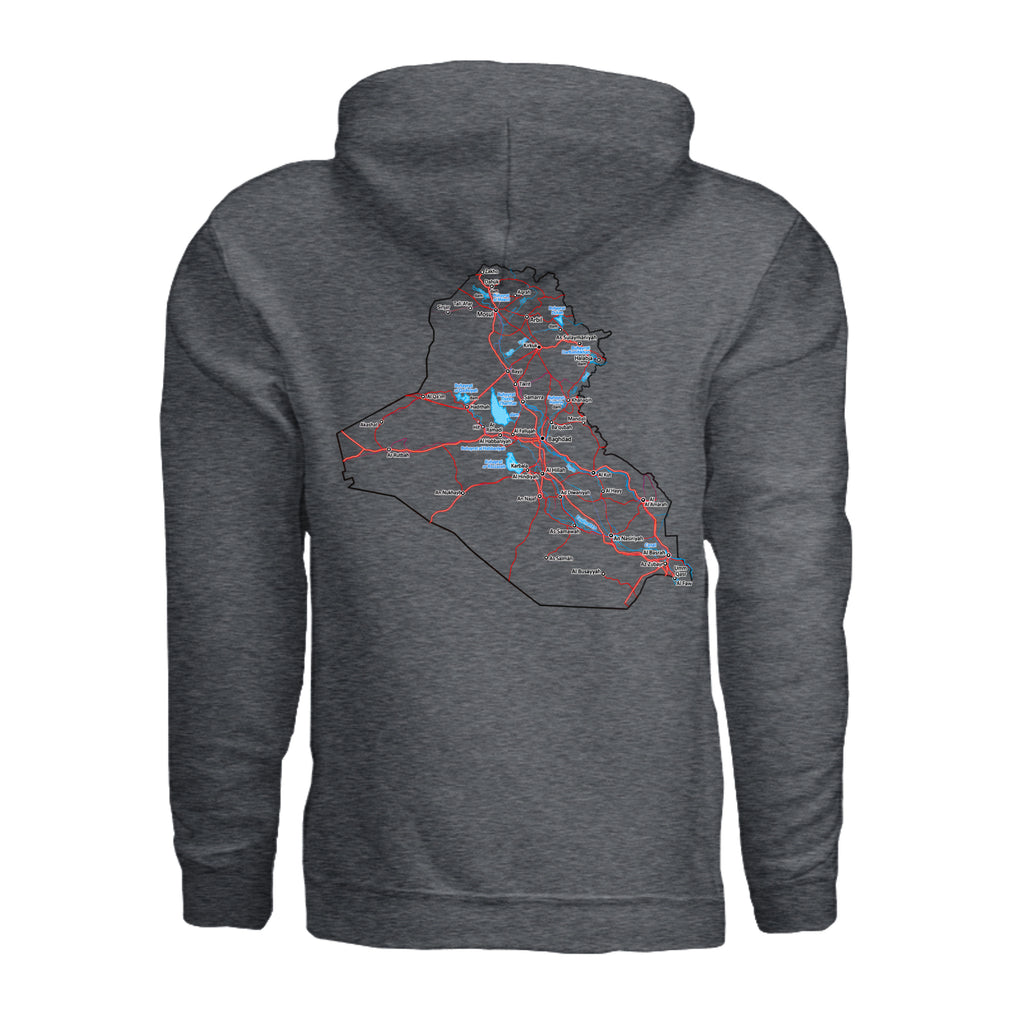 Iraq Veteran Detailed Map Hoodie - Dark Heather (Back) | Ironsight Syndicate