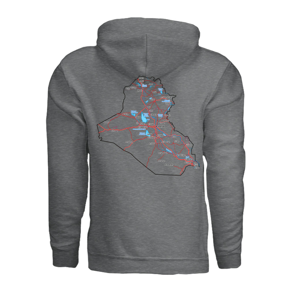 Iraq Veteran Detailed Map Hoodie - Fan Charcoal Heather (Back) | Ironsight Syndicate
