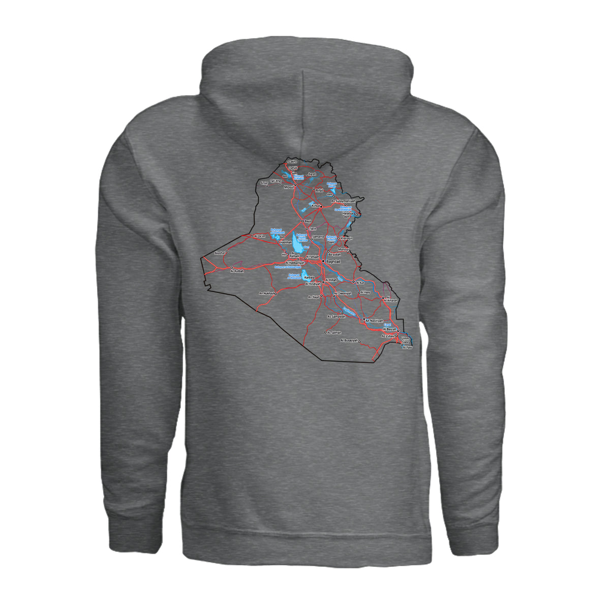 Iraq Veteran Detailed Map Hoodie - Fan Charcoal Heather (Back) | Ironsight Syndicate