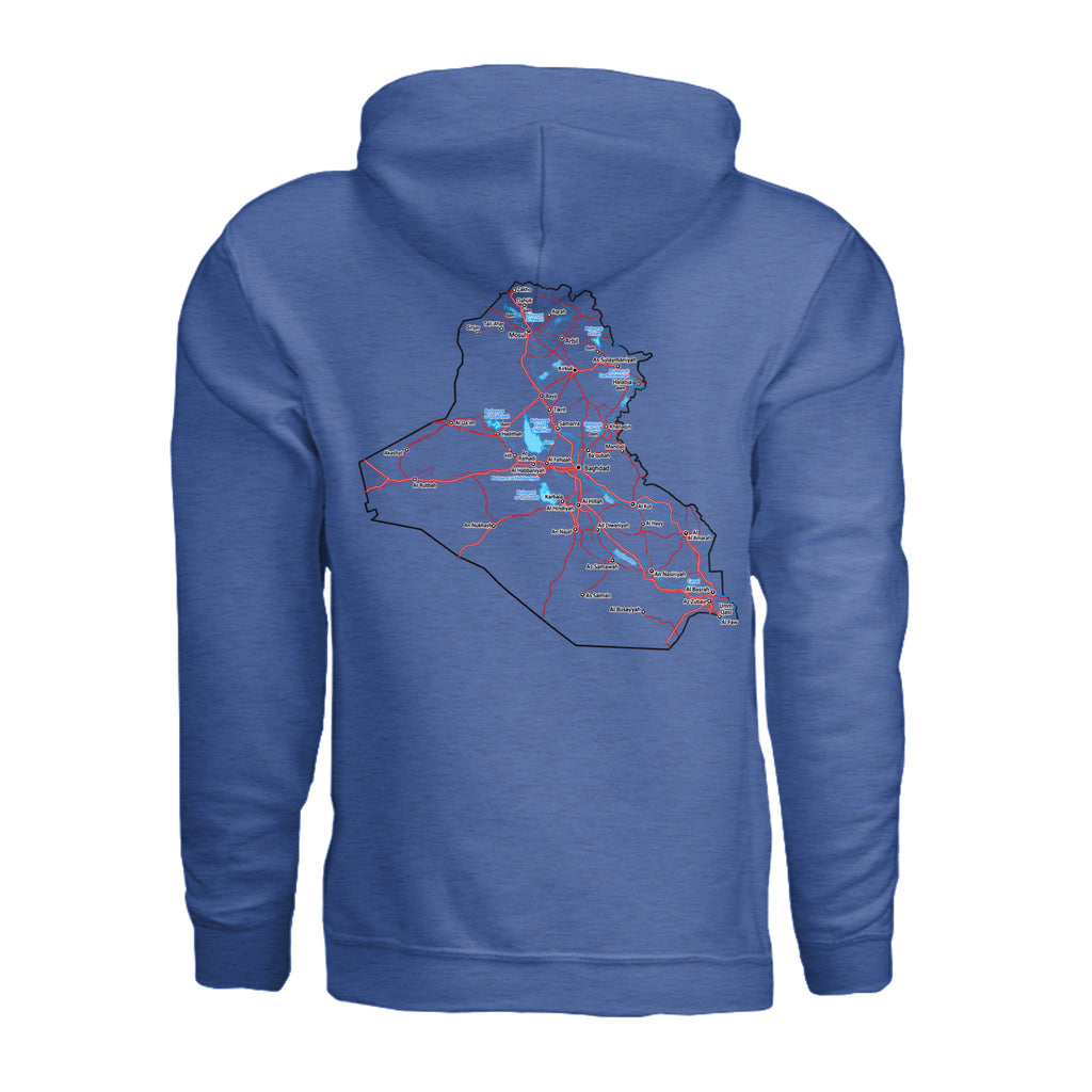 Iraq Veteran Detailed Map Hoodie - Heather Deep Royal (Back) | Ironsight Syndicate