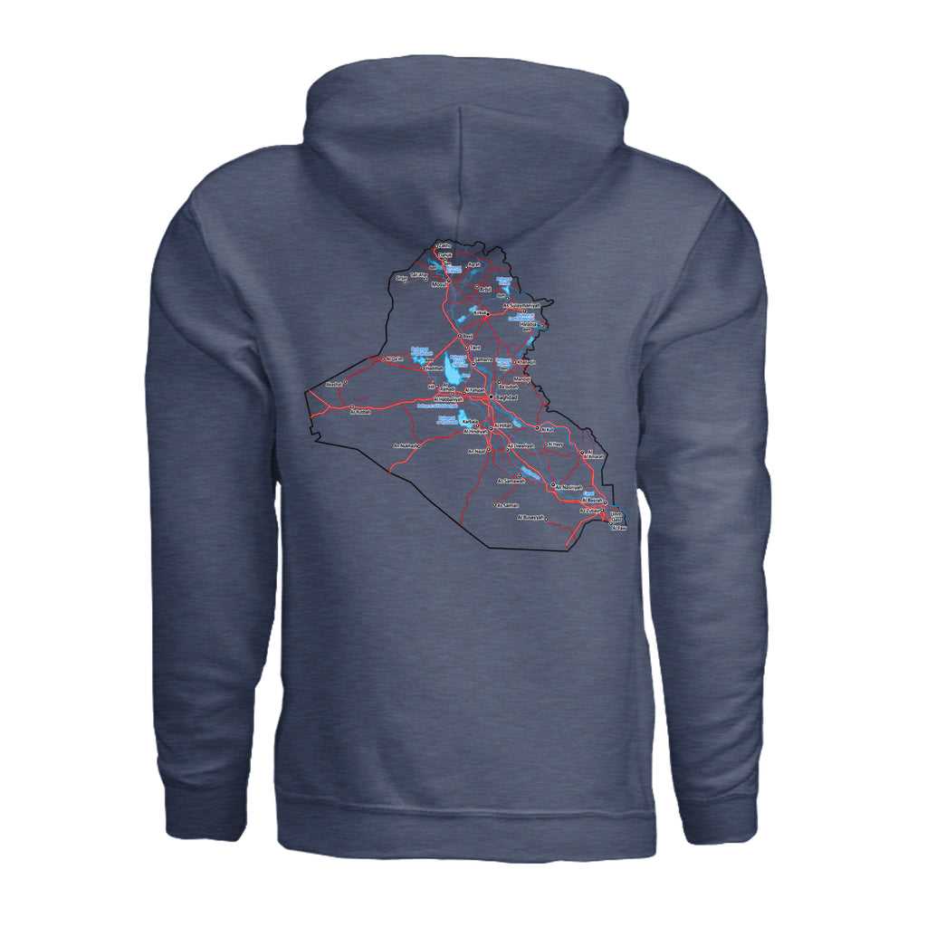 Iraq Veteran Detailed Map Hoodie - Heather Sport Dark Navy (Back) | Ironsight Syndicate