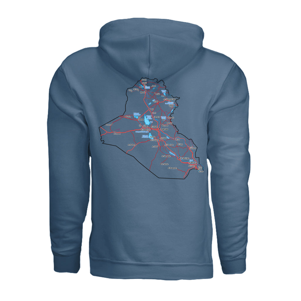 Iraq Veteran Detailed Map Hoodie - Indigo Blue (Back) | Ironsight Syndicate