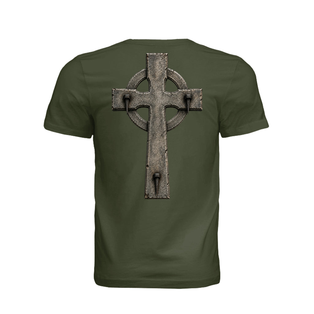 Celtic Cross INRI T-Shirt in Military Green - Back
