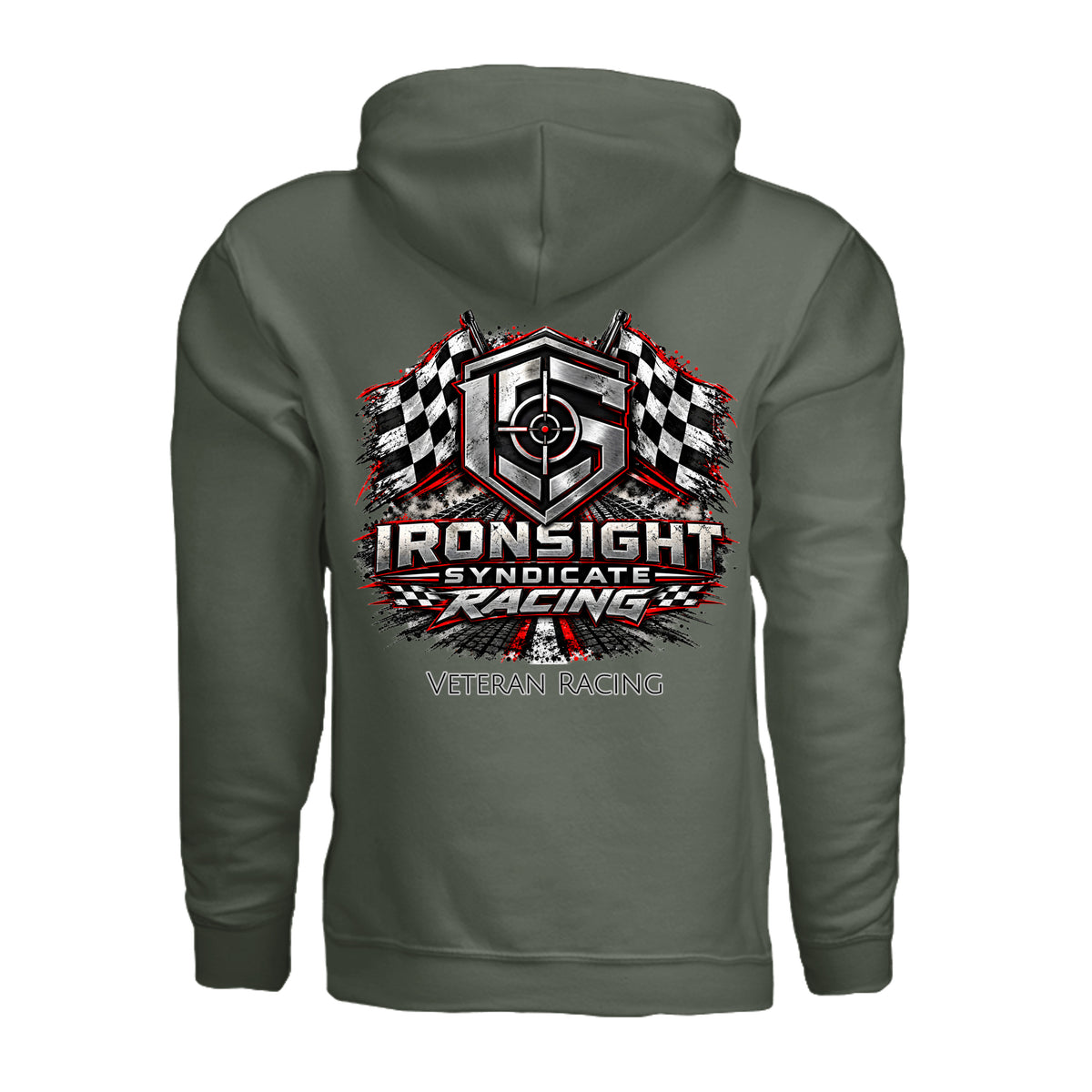 Ironsight Syndicate Racing Hoodie - Military Green (Back) | Ironsight Syndicate
