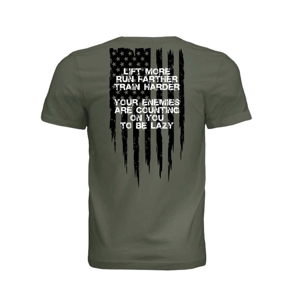 Lift More-Motivational T-Shirt - Dark Olive (Back) | Ironsight Syndicate