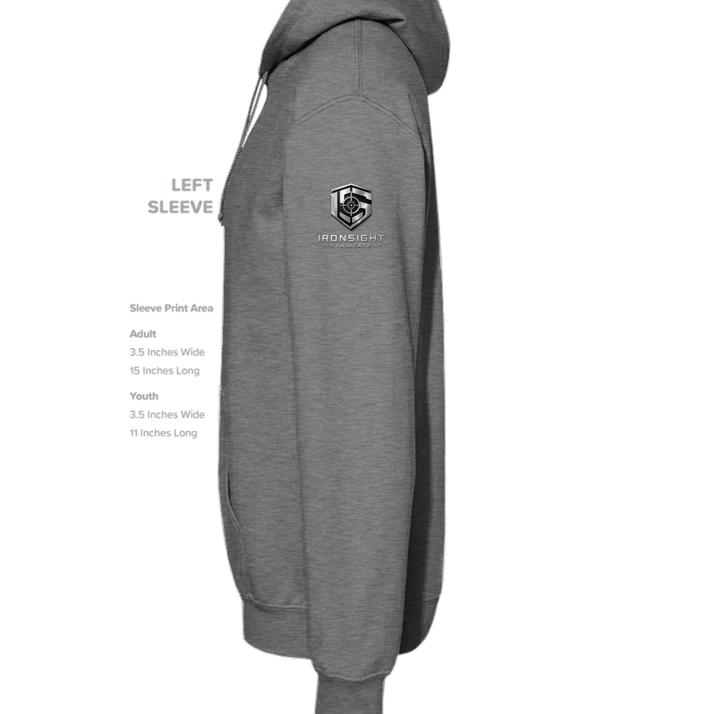 Always Forward-Never Quit Hoodie - GRAPHITE HEATHER (Left Sleeve) | Ironsight Syndicate