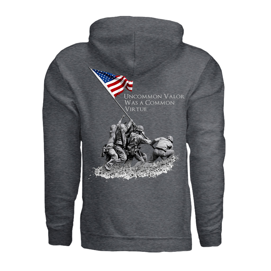 Uncommon Valor Iwo Jima Memorial Hoodie - DARK HEATHER (Back) | Ironsight Syndicate