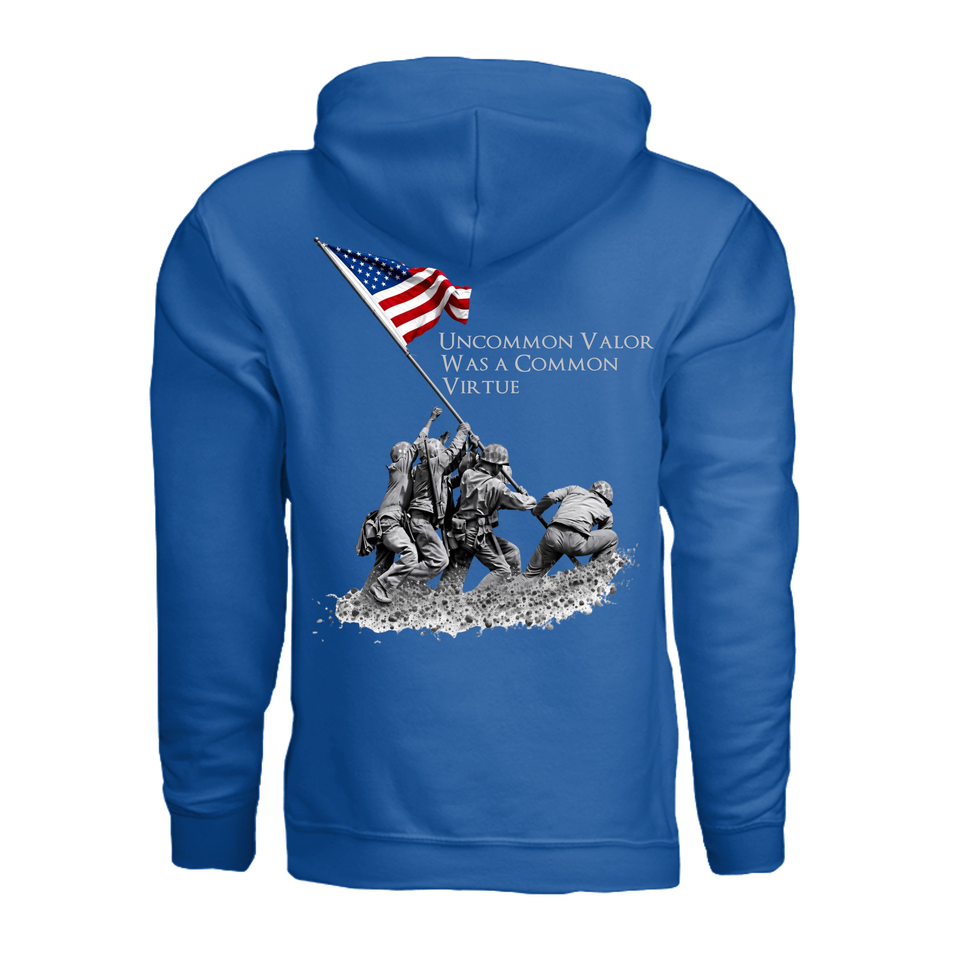 Uncommon Valor Iwo Jima Memorial Hoodie - Neon Blue (Back) | Ironsight Syndicate